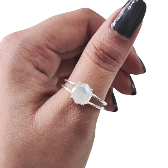Hexagon Moonstone Ring, 925 Sterling Silver, Women Ring, Natural Rainbow Moonstone, June Birthstone, Christmas, Thanksgiving, Tiny Dainty Ring, Handmade, Statement Jewelry, Wedding, Anniversary Gift