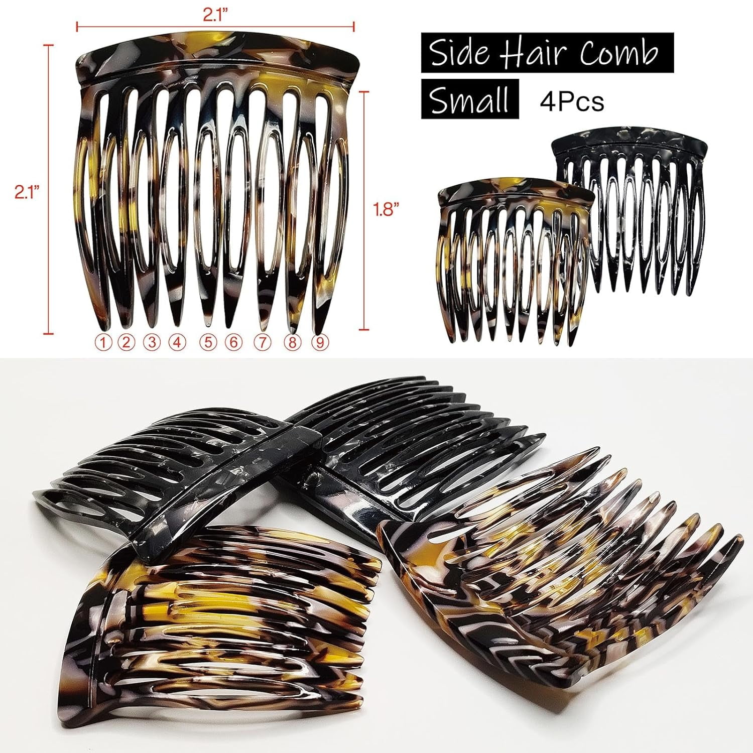Hair Side Combs - Small French Side Hair Comb Clips for Women Decorative Bun Twist Hair Styling Accessories -4 Pcs (Black, Brown Onyx)