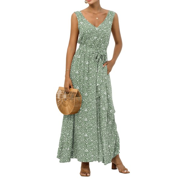 Txlixc Vestido de verano femenino sin mangas vestido de leopardo de cuello V profundo con bolsillos Txlixc moda