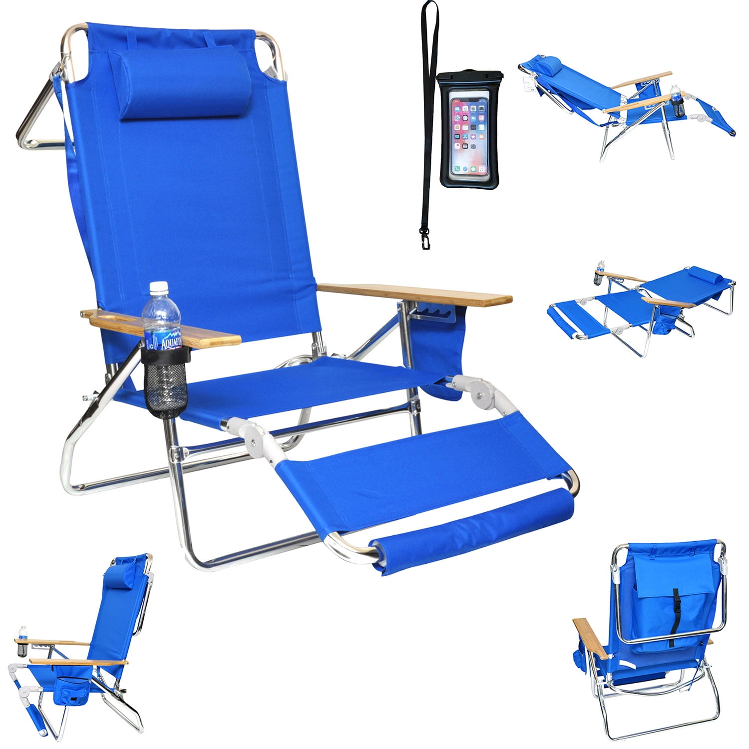 Deluxe 5 pos Lay Flat High Aluminum Beach Chair Lounge Chaise with Foot  Rest, Large Storage, Waterproof Cell Pouch - Walmart.com
