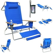 Deluxe 5 pos Lay Flat High Aluminum Beach Chair Lounge Chaise with Foot Rest, Large Storage, Waterproof Cell Pouch