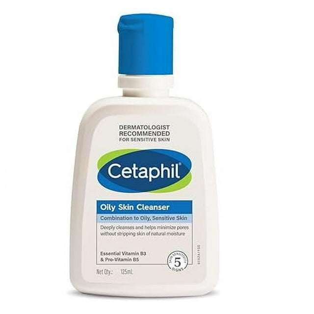 Cetaphil Oily Skin Cleanser, a daily face wash for oily and acne-prone skin, in a 125 mL bottle with a blue pump cap. Dermatologist-recommended formula designed for deep cleansing without drying, featuring glycerin and pH-balanced properties. Suitable for teenagers and sensitive skin.