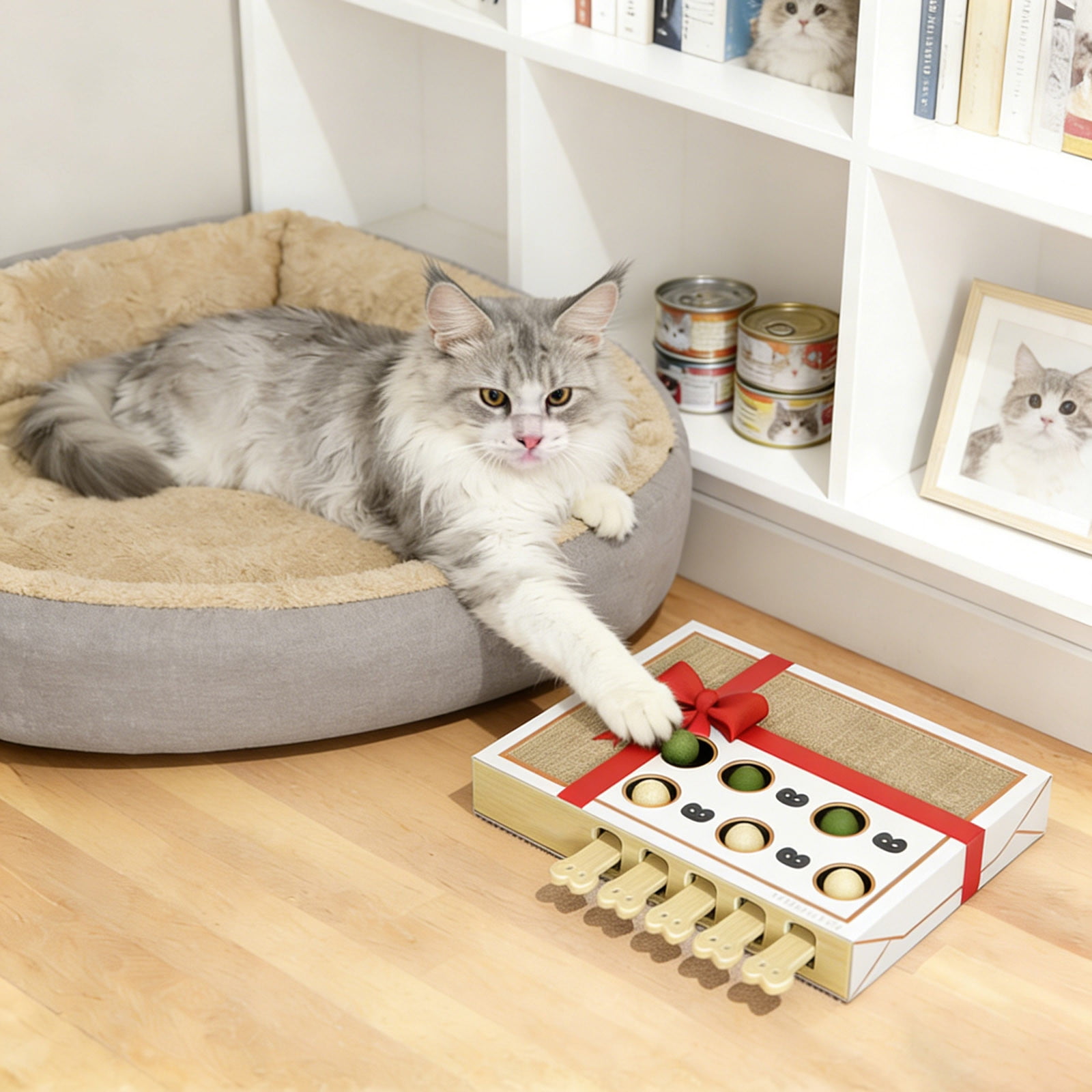 Cat Puzzle Scratching Board with 5 Popping Balls - Interactive Whack-A-Mole Cat Toy with Scratch Pads and Wooden Levers, Durable Puzzle Toy for Kittens Adult Cats to Reduce Boredom & Anxiety