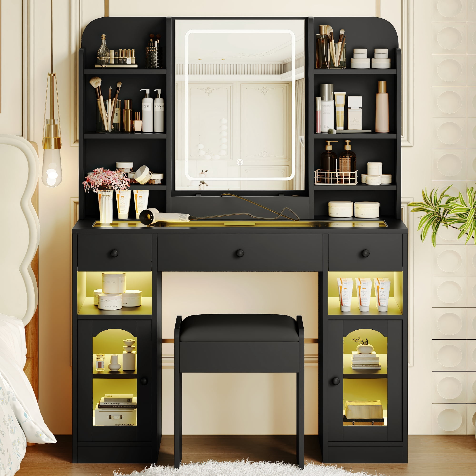 Mintazer 43.2" Vanity Desk with LED Mirror & RGB Glass Light Cabinets, Dressing Table with Charging Station & 3 Drawers, Makeup Vanity Table Set with Storage Shelves & Stool for Bedroom, Black