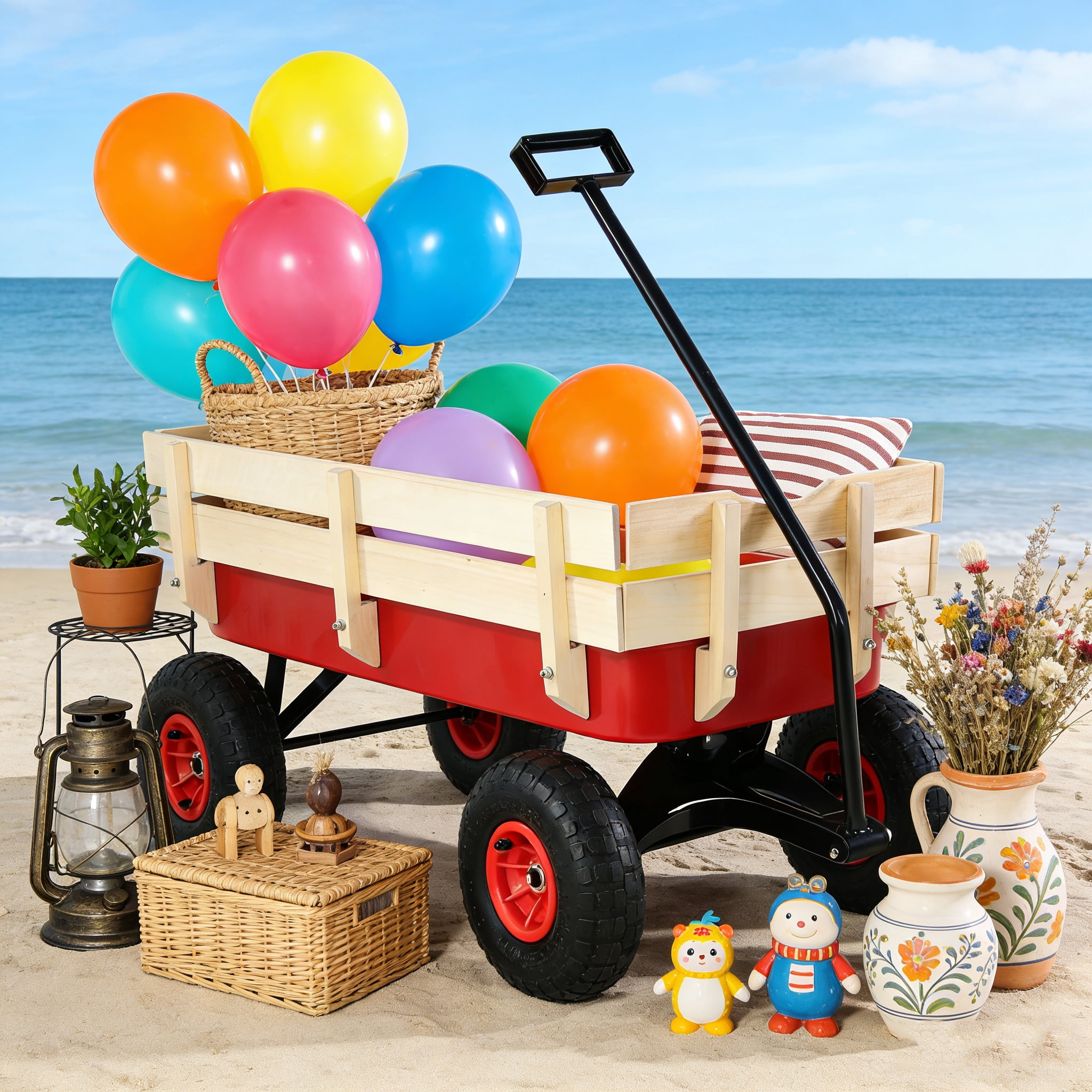Outdoor Sport Wagon Tools Cart Wooden Side Panels 10 Inch Air Tires Heavy Duty Utility Cart 176LBS Capacity for Garden Camping Beach
