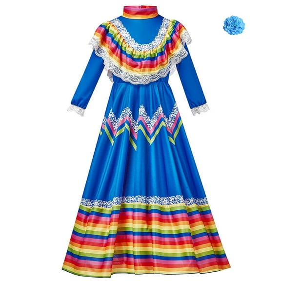 Fshinging Toddler Girl Suit Mexican Traditional Dress National Style Long Sleeve Dance Princess Dress With Headdres Flower CarnivalSets