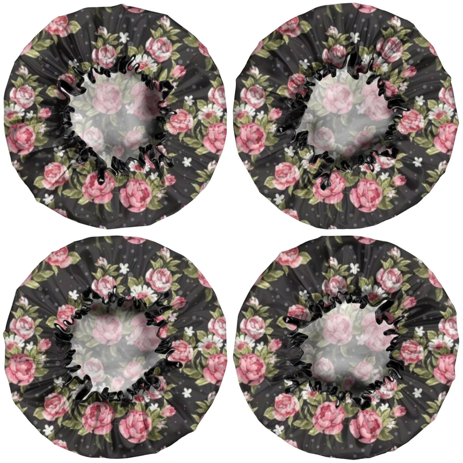 Shower Caps,Pioneer Flower Floral Print Pattern Waterproof Shower Cap for Women 4 Pieces,Double Reusable Hair Cover for Shower PEVA Elastic Stretch Hem