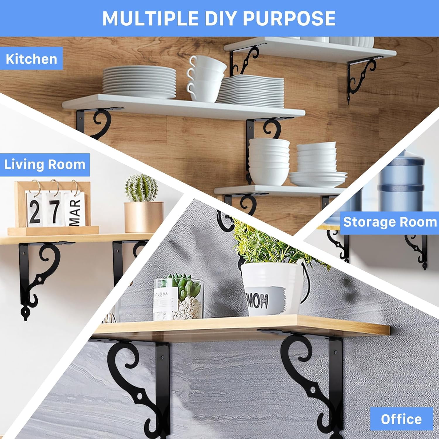 10 Pack Decorative Shelf Brackets,7.4Inch Wall Mounted L Shape Shelf Bracket,Heavy Duty Shelf Brackets for Shelves,Metal Corner Brace Right Angle Bracket Shelf Support with Screws,Black