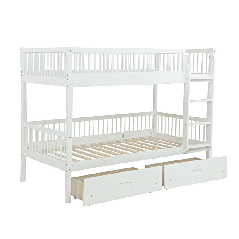 Twin-Over-Twin Wood Bunk Bed Convertible into 2 Platform Beds, Kids Storage Bed Frame with 2 Drawers, Ladder & Safety Guardrails