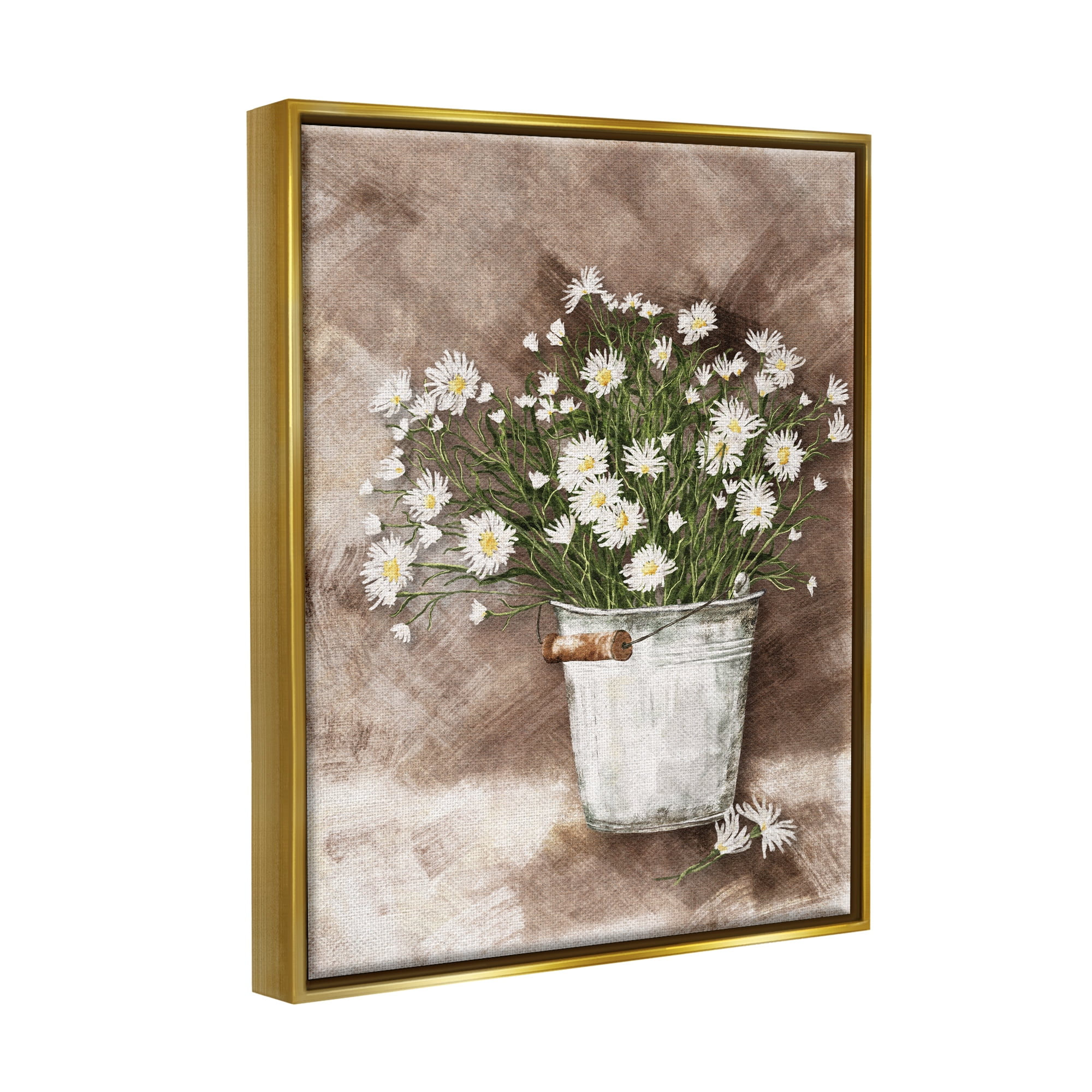 Stupell Industries Daisies in Country Bucket Botanical & Floral Painting Gold Floater Framed Art Print Wall Art, 17 x 21