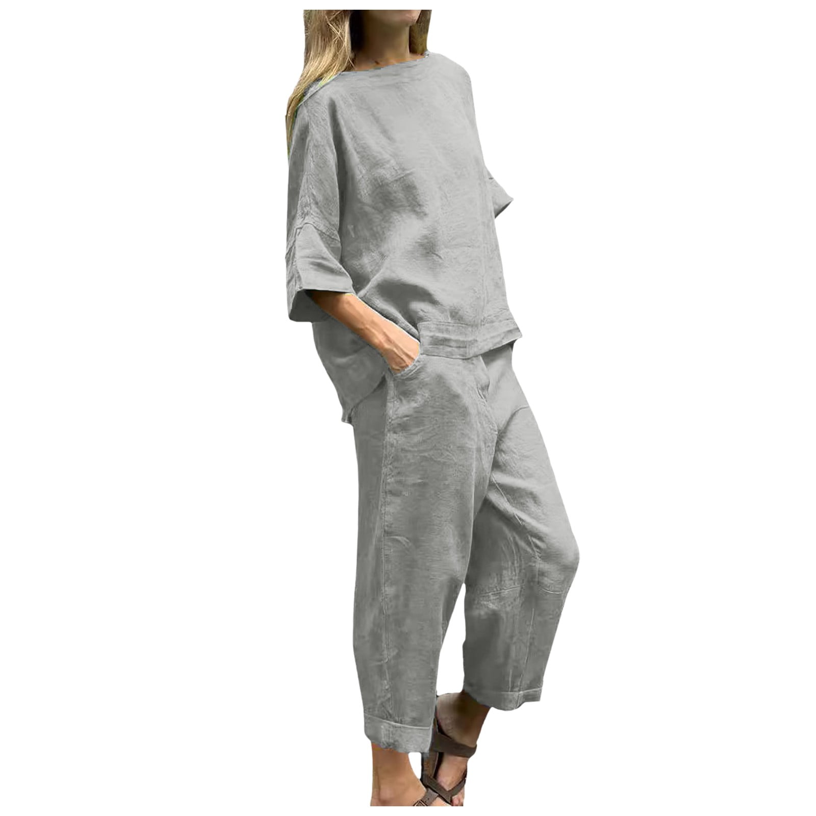 Women's Printed Two-Piece Set - Casual Top & High Waist Loose Pants With Pocket