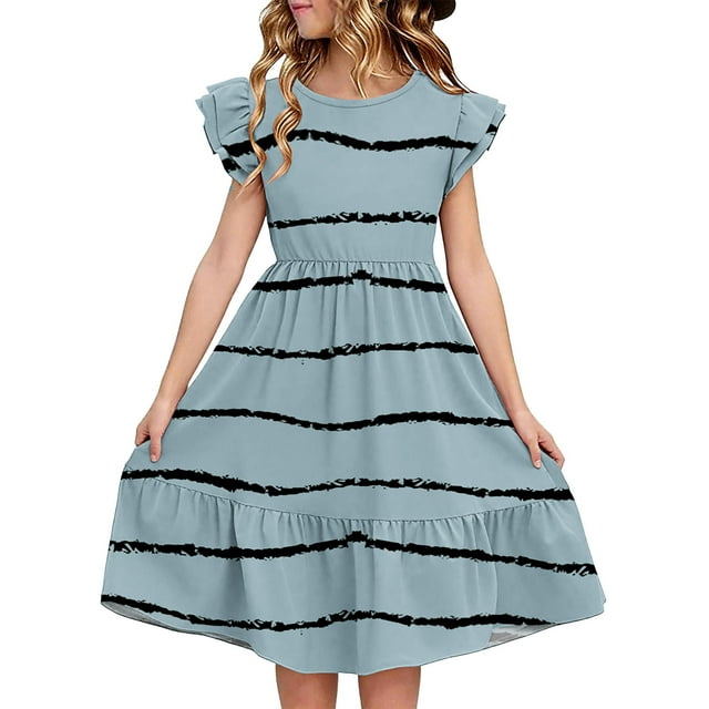 Robe d'Été pour Femme Wo-Fusoul, Manches à Volants à Double Couche et Encolure Ronde, Robe Décontractée à Manches Courtes pour Usage Quotidien, Tissu Doux et Extensible pour un Ajustement Confortable