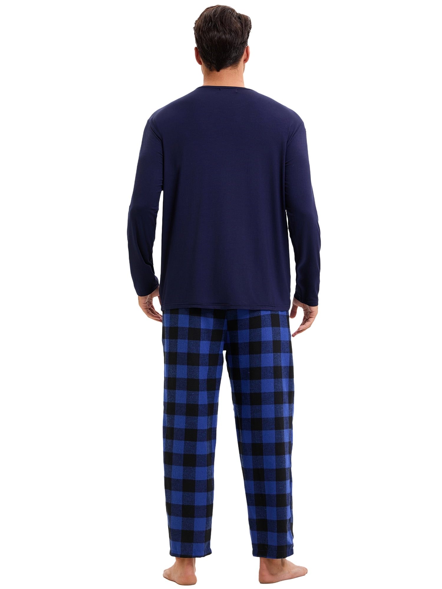 DARING DIVA Men's 2-Piece Long Sleeve Solid Nightwear Plaid Pants Set 2XL Dark Blue