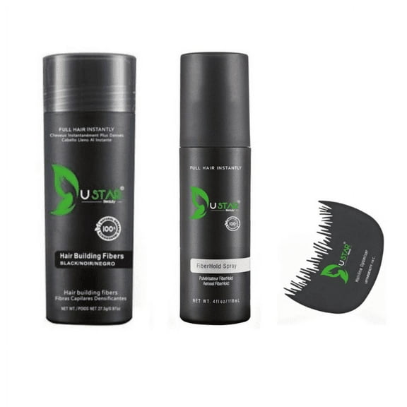 Ustar Hair Building Fibers 0.97oz / 27.5g 3 in 1 Pack(HAIR FIBERS, COMB, HOLD SPRAY)