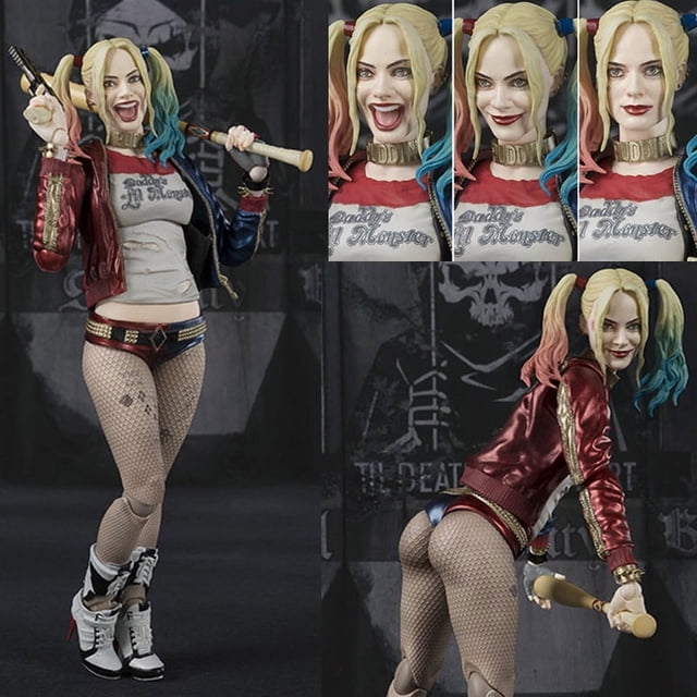 figura de acción de harley quinn disney mafex 051 015 joker heath ledger el caballero oscuro juguetes de modelos coleccionables regalos de halloween figura de acción 1/12 frontal de 15 cm que muestra Harley Quinn con chaqueta roja brillante, short azul y rojo, medias de red, botas blancas y bate como accesorio; tres rostros intercambiables en miniaturas superiores y vista trasera en pose dinámica, adecuada para exhibición en vitrina coleccionable.