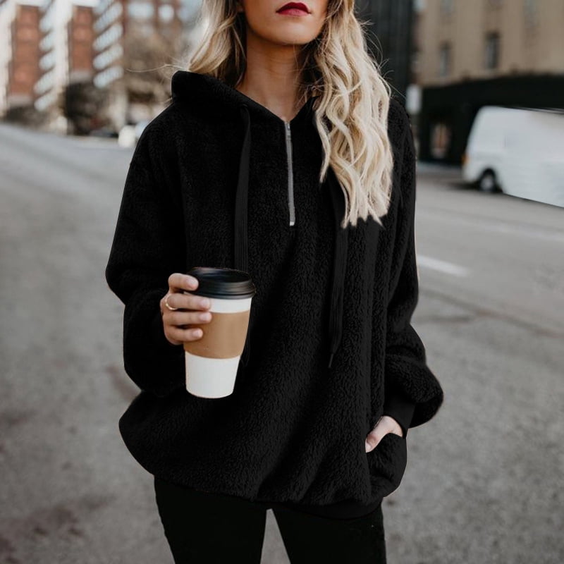 Womens Winter Warm Thick Fluffy Fleece Hoodies Coat Plus Size Loose Hooded Pullover Jacket Transer