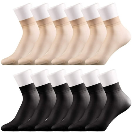 

12 Pairs Women Ankle High Nylon Sheer Socks Soft Silky Short Socks (Black Nude)