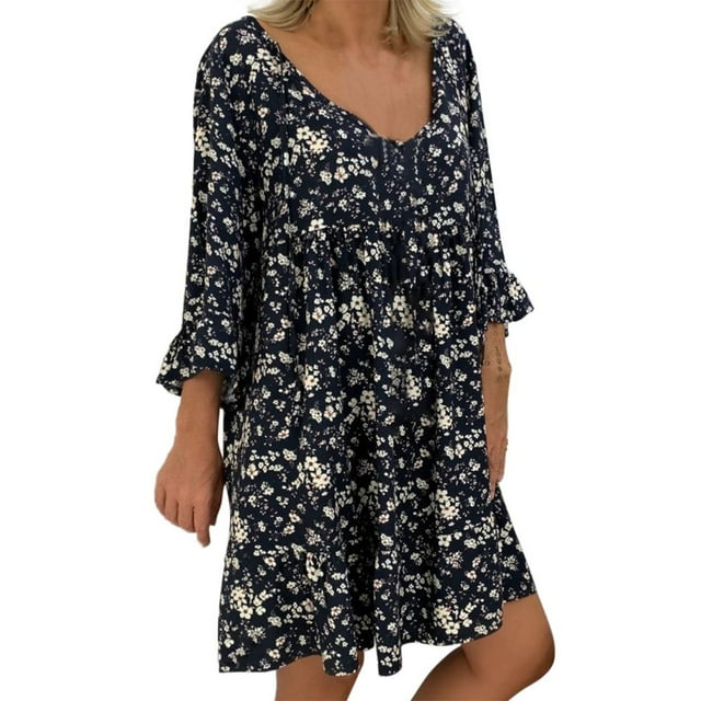 Femmes Dames Lâches Grande Taille Imprimer Manches Longues V Cou Mini Robe