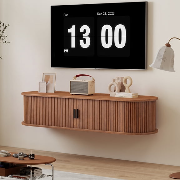 Mid-Century Modern Floating TV Stand for TVs up to 75 Inches, Wooden Wall Mounted Entertainment Center with Fluted Sliding Doors, Walnut Media Console for Living Room