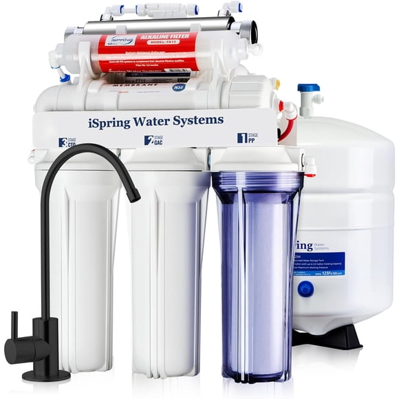 iSpring RCC7AK-UV-BLK, Sistema de Filtración de Agua por Ósmosis Inversa de 75 GPD para Instalación bajo el Fregadero con Bomba de Refuerzo, Remineralización Alcalina y Filtro UV
