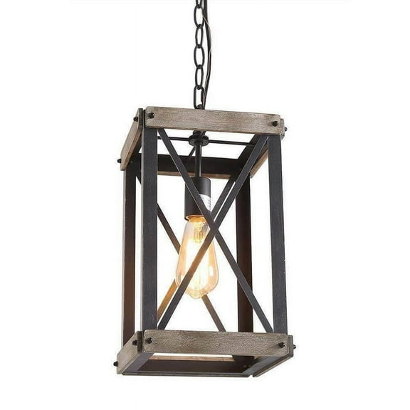 LNC 16-in Farmhousesquare Pendant Light, Rustic Wood and Black Lantern for Kitchen Island