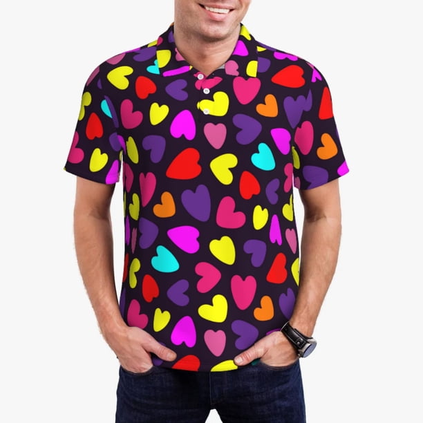 Fotbe Colorful Hearts Camiseta Polo de Golf para Hombre con Estampado – Camisa Deportiva Transpirable con Cuello Abotonado-Small