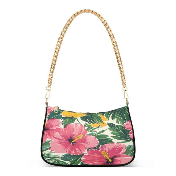 Ryvnso Hibiscus Flower Leaf Womens Chain Shoulder Bag Tote Handbags Clutch Hobo Purse with Zipper for Travel