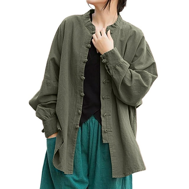Tiweut Cardigan Décontracté Femme Style Rétro Lin Chemise à Manches Longues Ouvert Tricot Blouses Régulières Vert,m