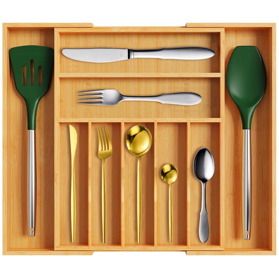 GIRACOA Expandable Bamboo Silverware Drawer Organizer, 9-Compartment Adjustable Utensil Tray, Large Wood Cutlery & Flatware Holder for Kitchen and Home Use