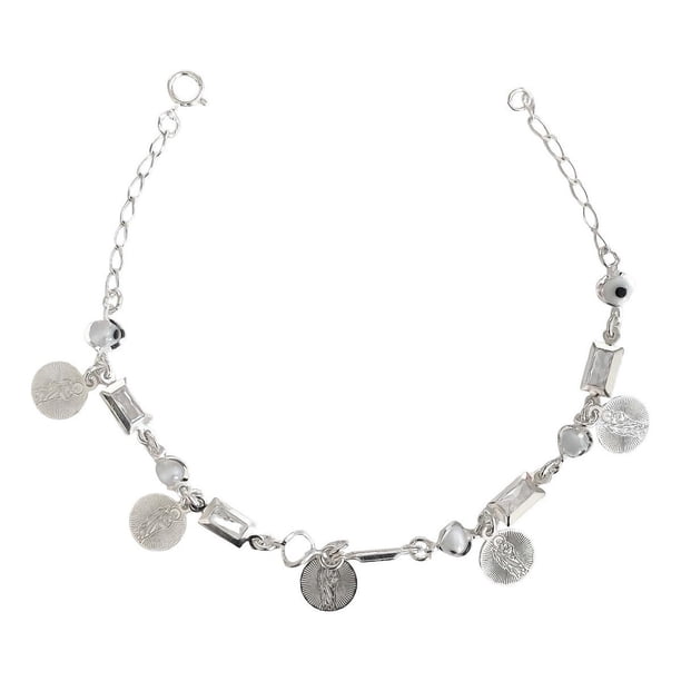 Pulsera San Judas Medallas Ojo Turco Plata Solida Ley 925 blanco Largo/Ancho: 19 cm (ajustable) x 3.5 mm