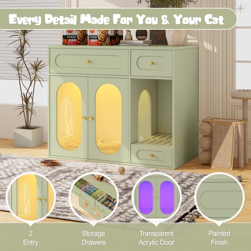 Mirightone Cat Litter Box Enclosure with LED Light and Acrylic Doors, Hidden Cat Litter Box Furniture with Storage Drawers, Indoor Litter Box Cabinet for Living Room & Entryway, Green