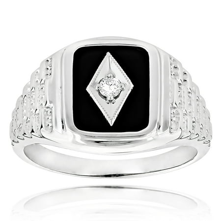- Black Natural Onyx And Real 0.1 Ctw Diamond 14K Mens Vintage Ring For Him (White Gold Size 7.5)