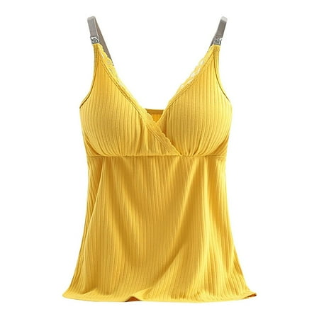 BRDFRL Nursing Cami Tank Tops for Breastfeeding Women with Built in Bra Sleeveless V Neck Camisole Soft Comfy Pregnant Shirts Yellow 2XL