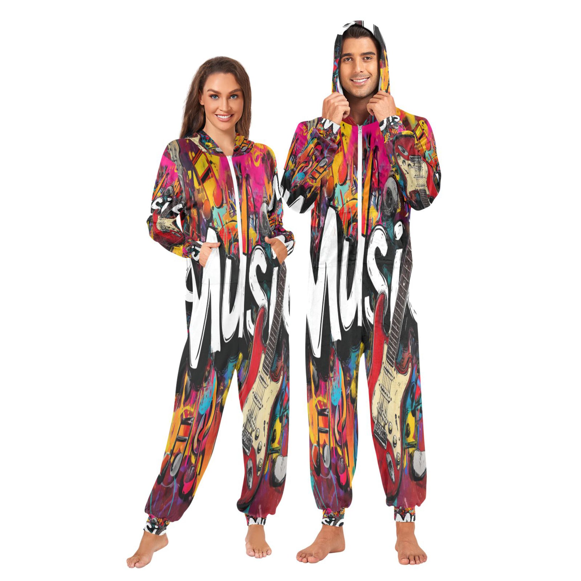 IAUYY Unisex Adult Onesie Pajamas Ultra-Soft Crystal-Soft Fabric, Halloween Adult Onesie Pajamas Adults,With a Zipper Plus Size Onesie Pajamas, Music Poster