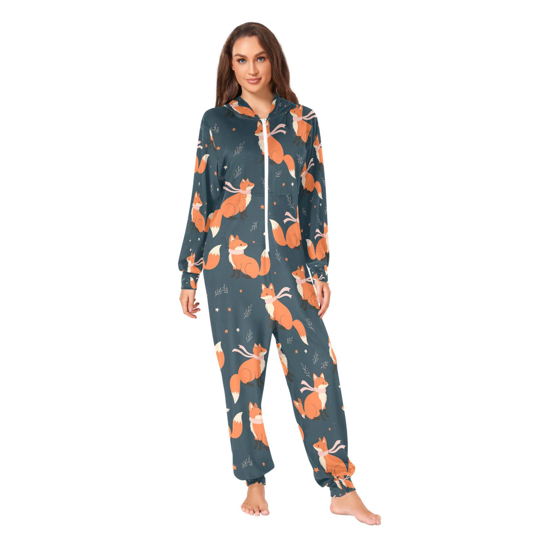 Adult Christmas Onesie Fox with Scarf Adult Zipper One-Piece Pajamas Unisex Pajamas with Pockets