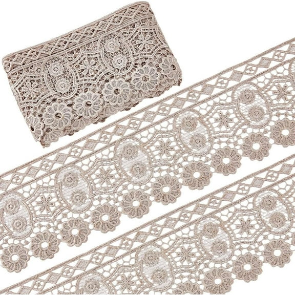 5 Yards Vintage French Embroidery Lace Trim 4.5 Inch Wide Light Brown Flower Floral Crochet Rhombus Sewing Fabric Edging Trimming Ribbon for Wedding Clothing Dress DIY Crafts Accessories
