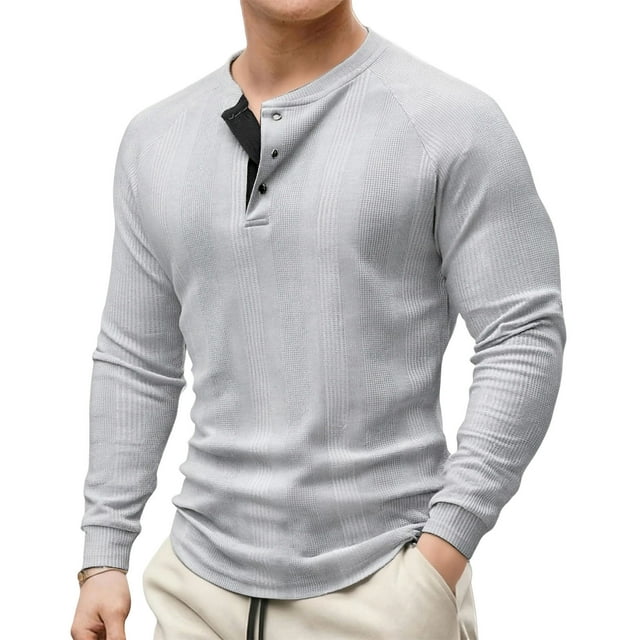 Men's Shirt Long Sleeve Round Neck Solid Color with Button Color Matching for Casual Fashion