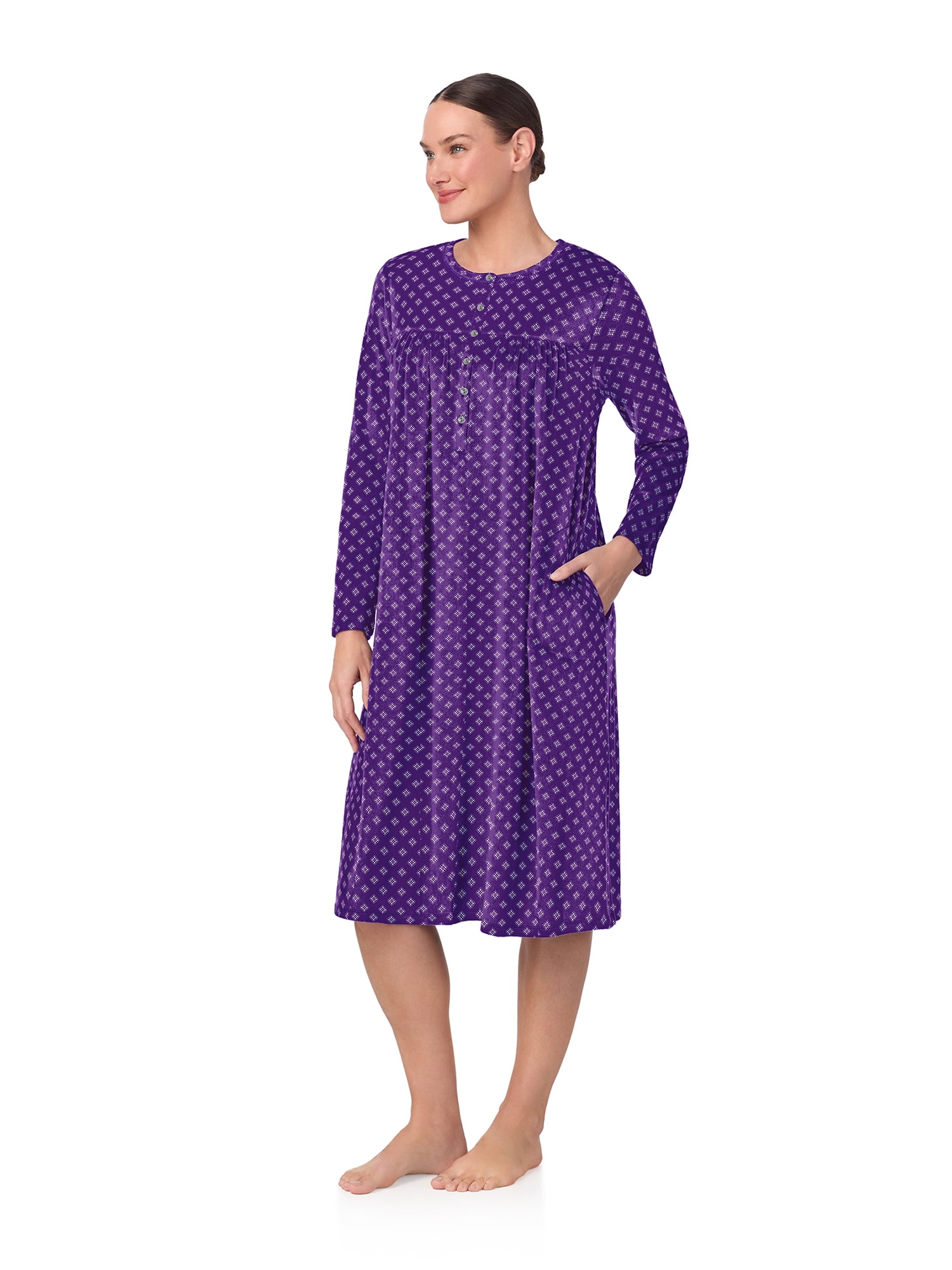 Aria Women’s Long Sleeve Stretch Velour 44" Sleepwear Nightgown, Sizes XS-5X
