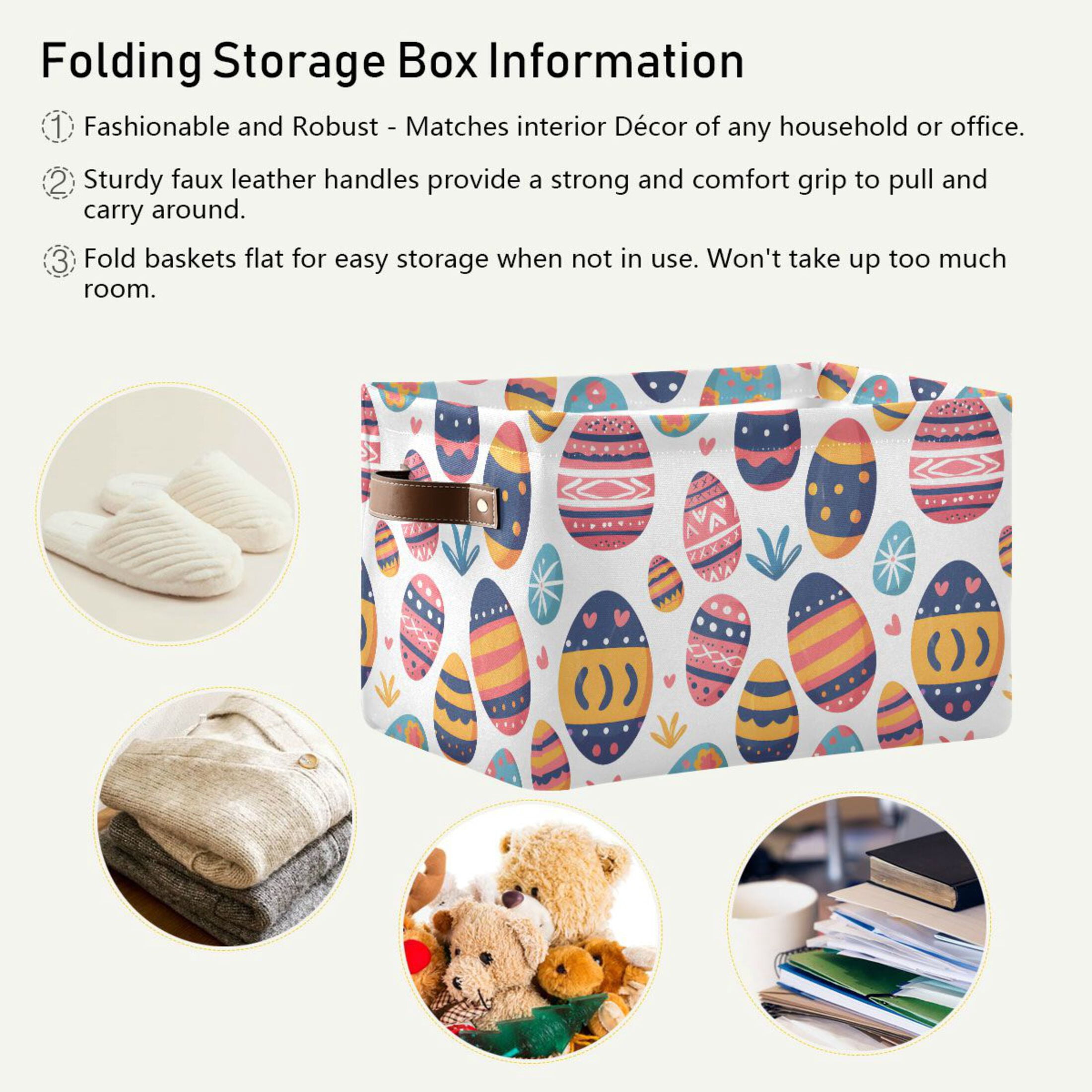 Easter Egg and Grass Storage Bins with Handle Fabric Organizer Basket Foldable Box 2 Pack 14.2x10.2x8.3