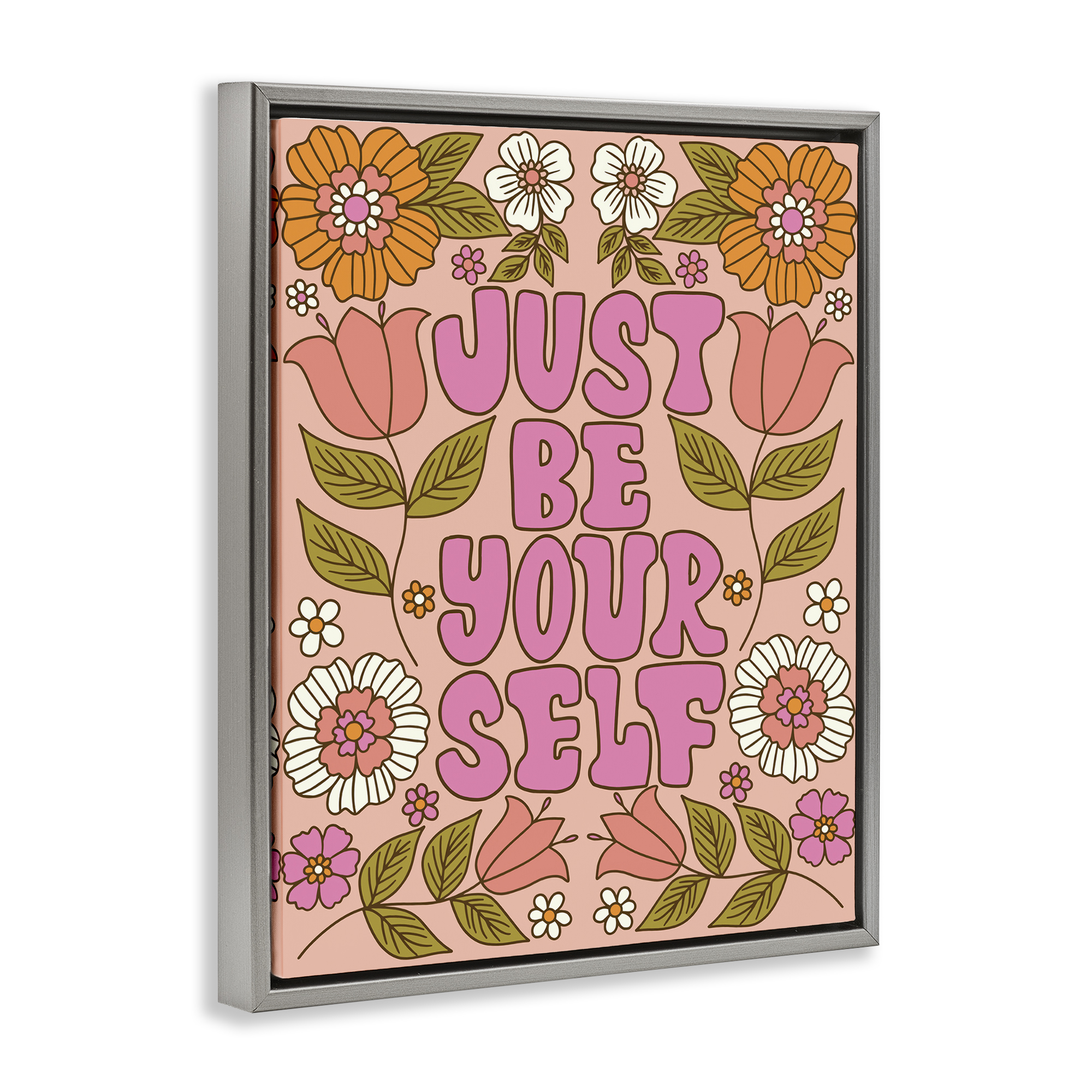 Stupell Industries Be Yourself Flower Power Plants & Flowers Painting Gray Floater Framed Canvas Art Print Wall Art, 17 x 21