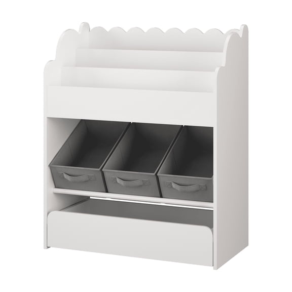 Kids Bookshelf with Storage Bins and Drawer, Multi-Functional Wooden Book Organizer for Toddlers, White Bookcase for Toys, Books and Nursery Room