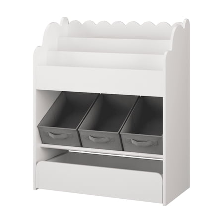 Kids Bookshelf With Storage Bins And Drawer Multi-Functional Wooden Book Organizer For Toddlers White Bookcase For Toys Books And Nursery Room