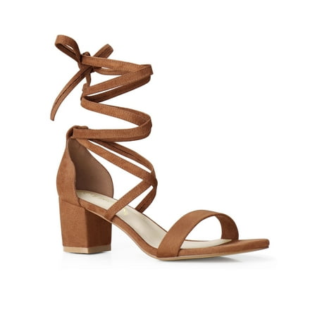 

Unique Bargains Women s Lace Up Cross Strap Mid Chunky Heels Sandals