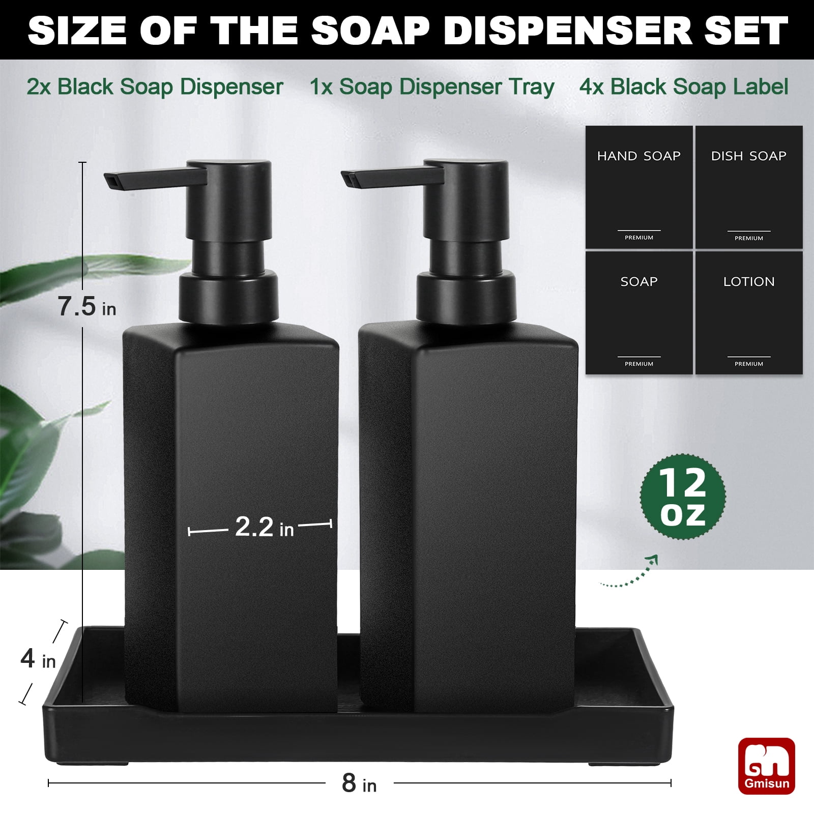 GM GMISUN Black Glass Soap Dispenser with Tray,Hand and Dish Soap Dispenser Set for Bathroom 12oz