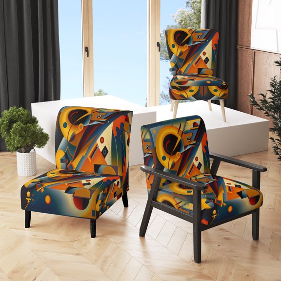 Designart "Vibrant Multicolor Geometric Shapes in Orange V" Multicolor Modern Upholstered Accent Chair - Modern Arm Chair For Living Room