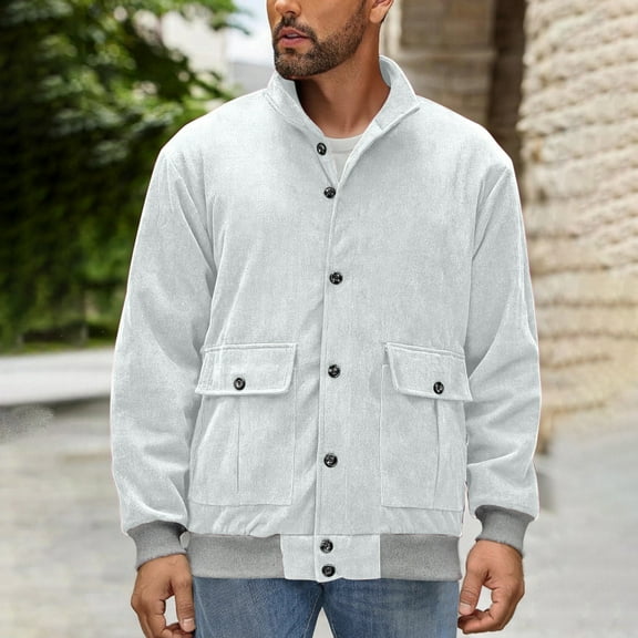 Donemore Men's Corduroy Button-Up Jacket Casual Loose Fit Long Sleeve Stand Collar Coat with Chest Pockets