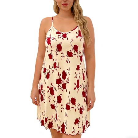 Wensltd Summer Printed Camisole Sleep Dress for Women Plus Size Comfortable Home Clothing Breathable Sleeveless Nightgowns Red XXXXXL