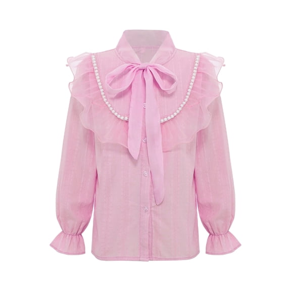 inlzdz Kids Girls Long Sleeve Button Down Blouse Tops Solid Color Ruffle Princess Bowknot Collar Formal Dress Shirts Pink 130