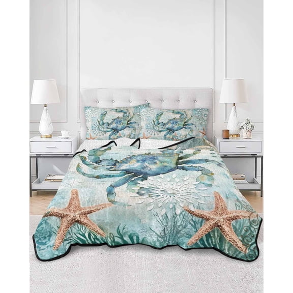 Quilts King Size, Coastal Crab Soft Comforter Bedding Set for Bed, Teal Nautical Beach Starfish Vintage Lightweight Quilted Bedspread with Pillow Cover(2 Pieces) for All Season, 96x106 Inch