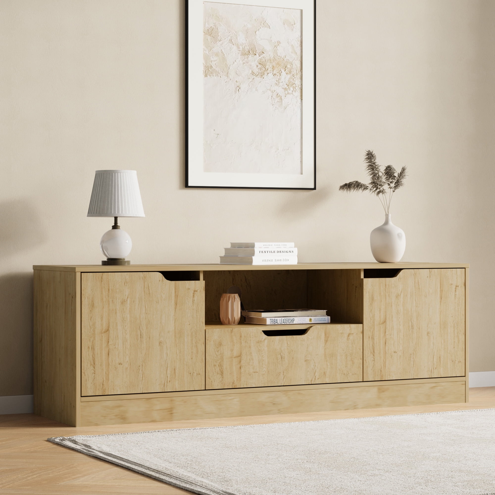 Modern TV Stand for 55/60/65 Inch TV, Media TV Console Table with 2 Doors & Drawer, Entertainment Center with Storage Cabinet for Living Room, Bedroom, Oak